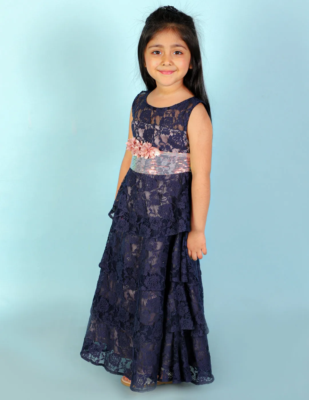 Girl's Stylish Layered Gown-Navy Blue - Lil Peacock