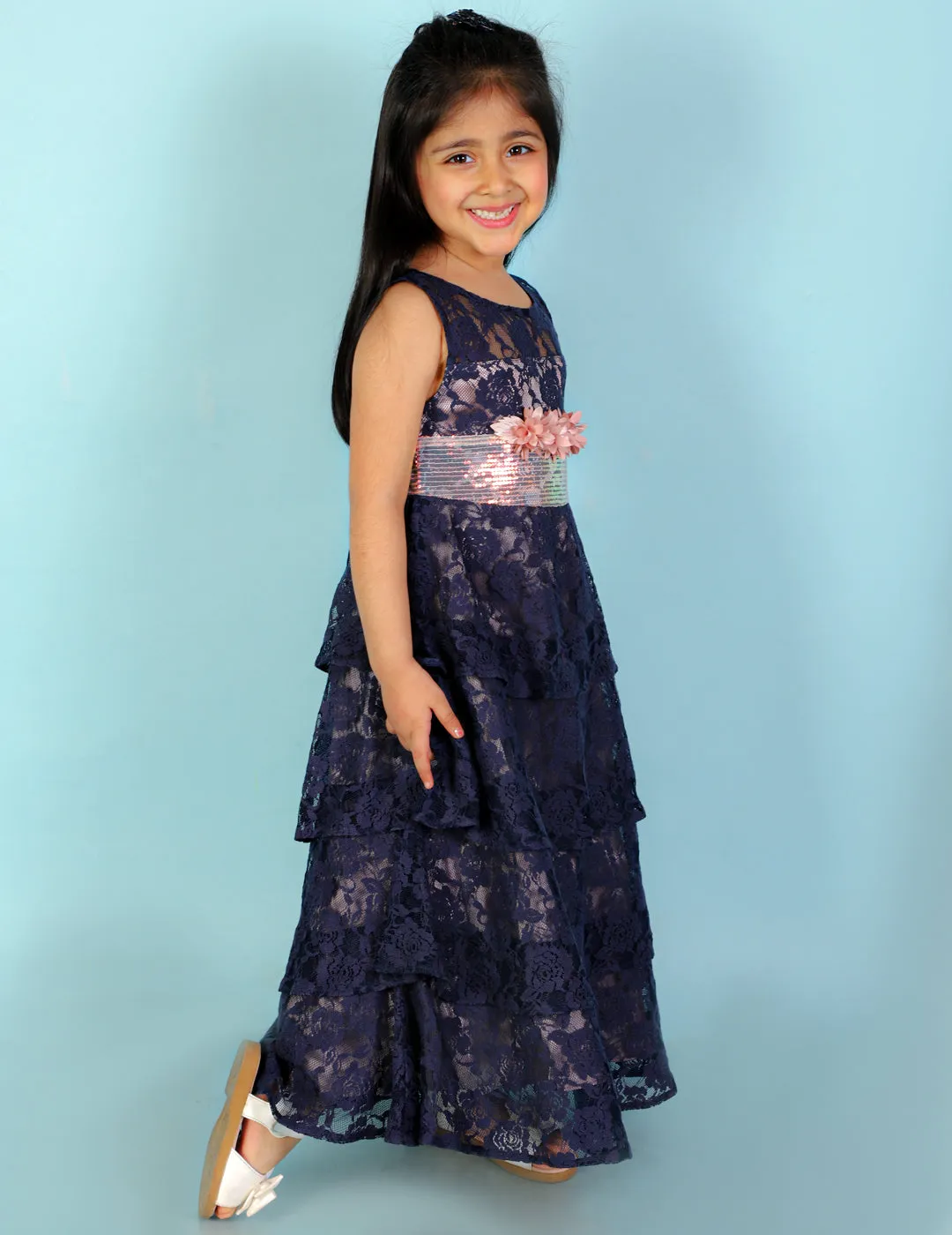 Girl's Stylish Layered Gown-Navy Blue - Lil Peacock
