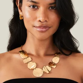Gold Hammered Link Pendant Collar Necklace