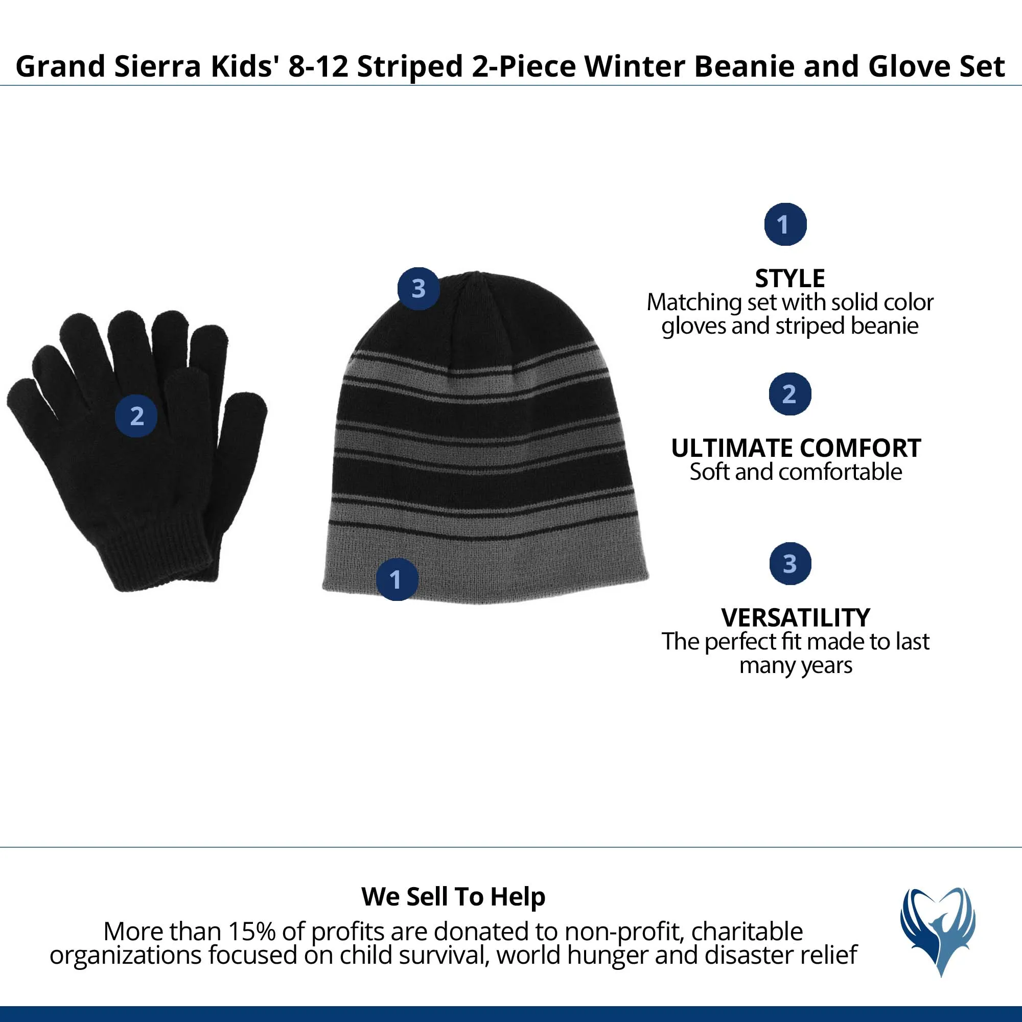 Grand Sierra Kids' 8-12 Striped 2-Piece Winter Beanie and Glove Set