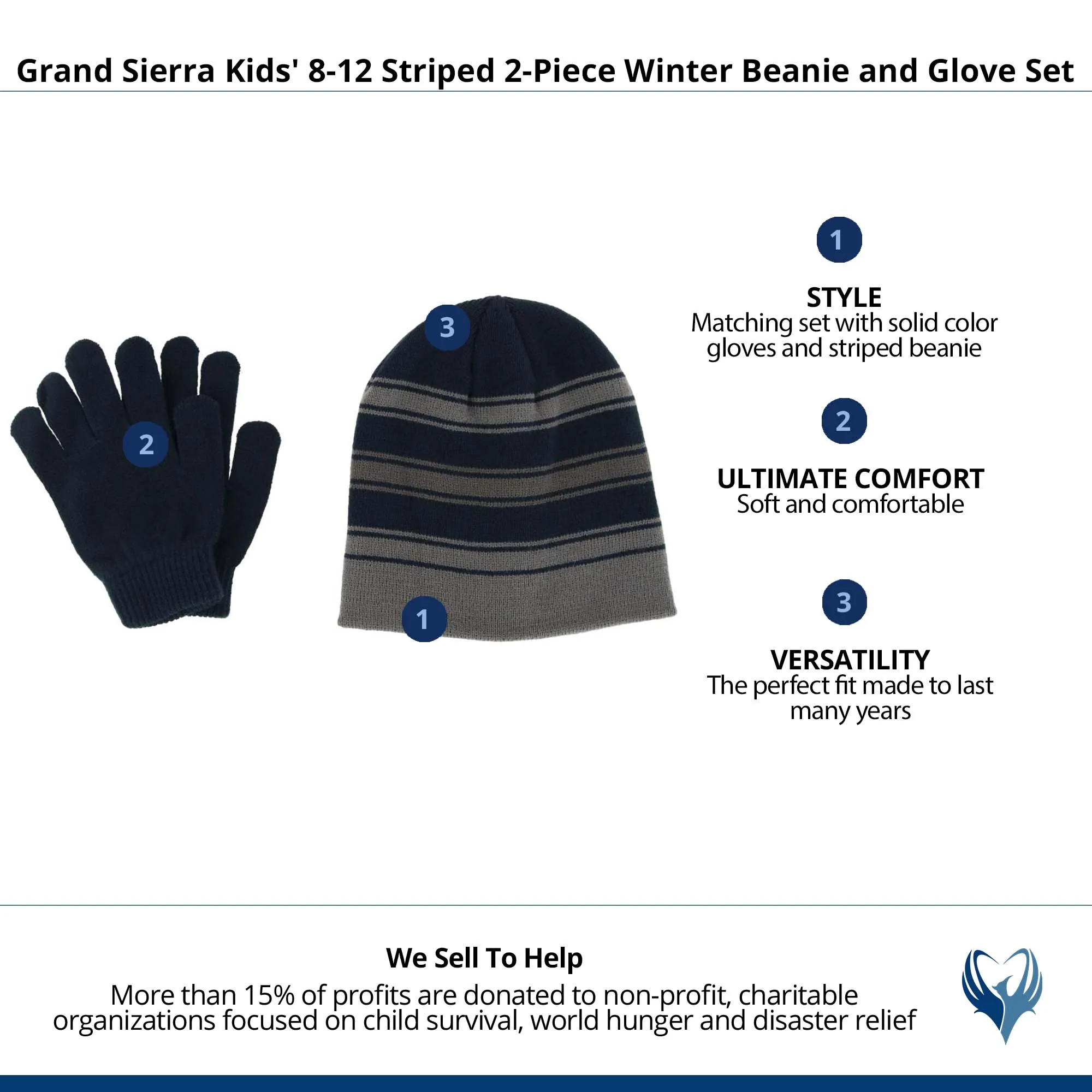 Grand Sierra Kids' 8-12 Striped 2-Piece Winter Beanie and Glove Set