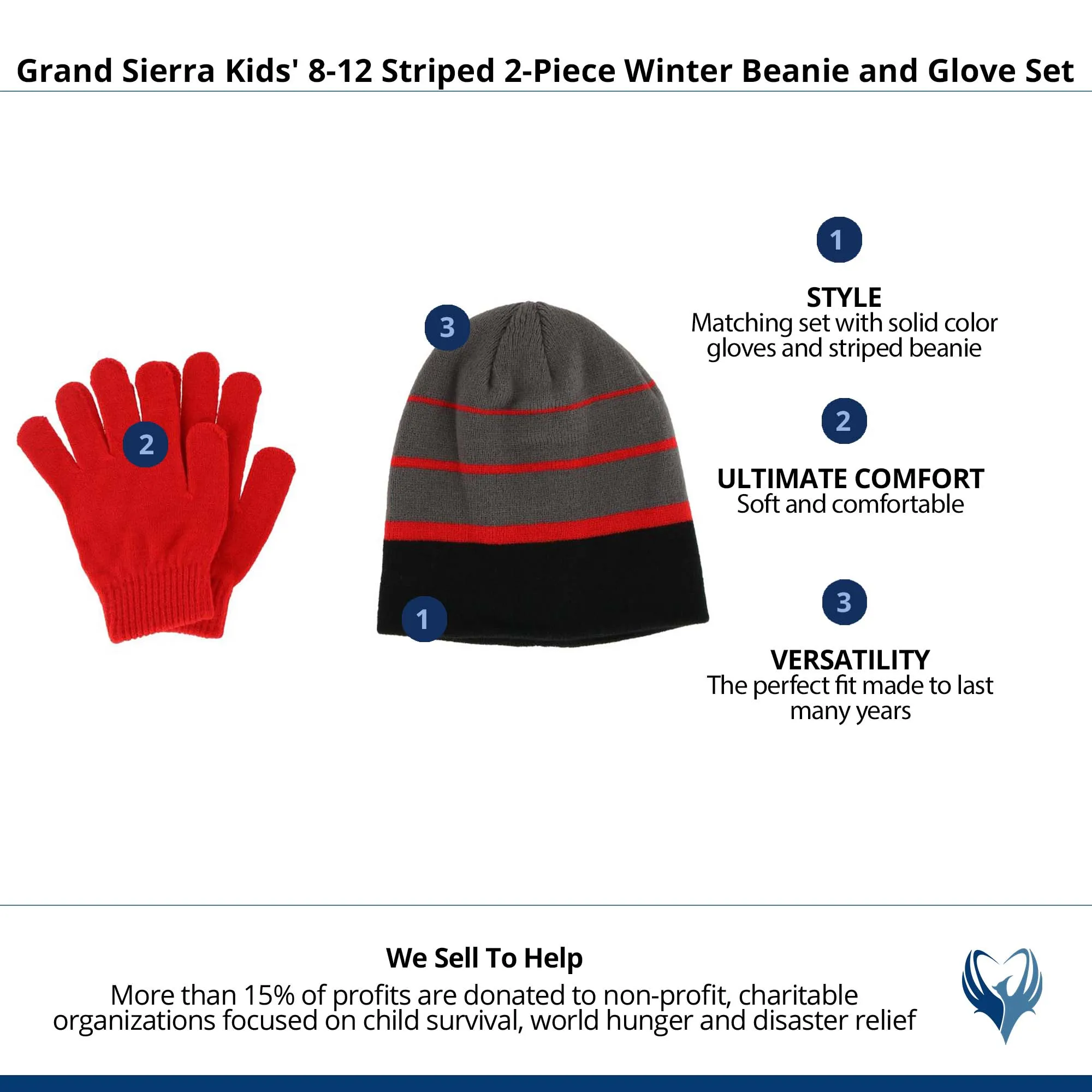 Grand Sierra Kids' 8-12 Striped 2-Piece Winter Beanie and Glove Set