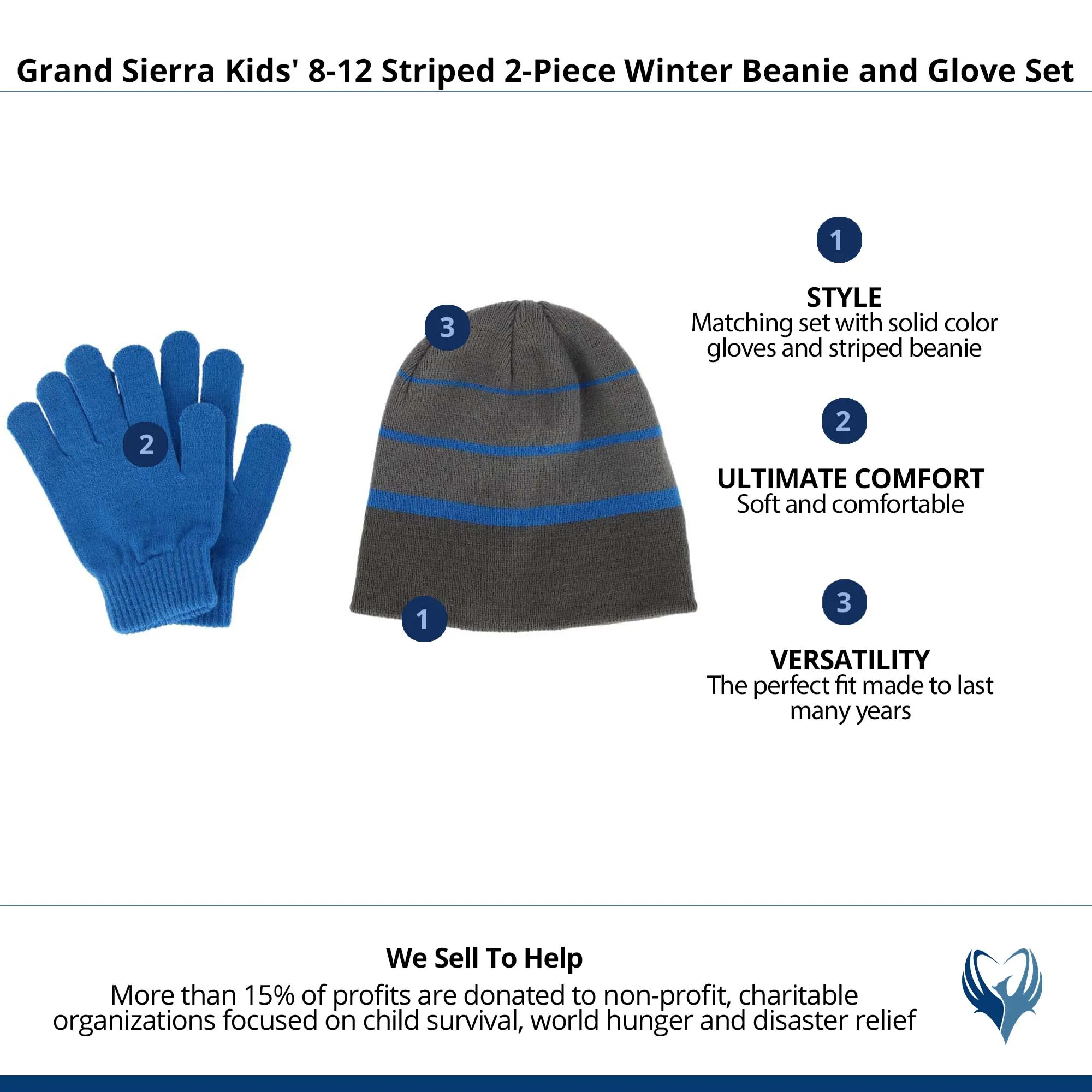 Grand Sierra Kids' 8-12 Striped 2-Piece Winter Beanie and Glove Set