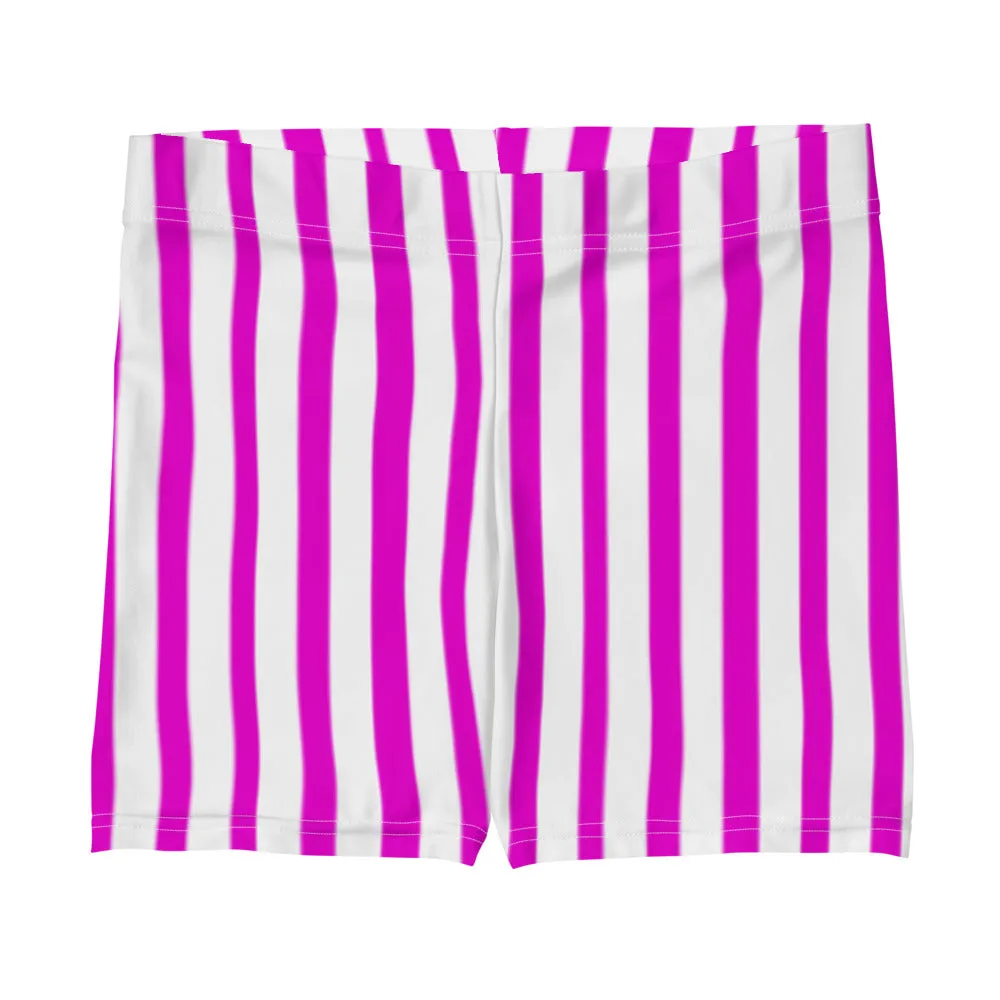 Hot Pink Workout Women's Shorts, Striped Designer Exercise Short Tights-Made in USA/EU/MX
