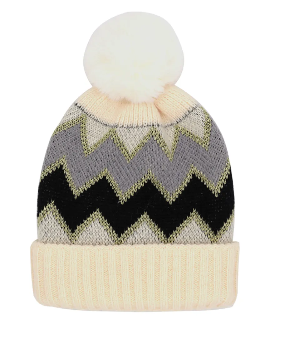 Ivory Chevron Pom Pom Fuzzy Beanie