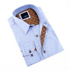 Jacquard Button Down Blue Shirt W/Brown Trim