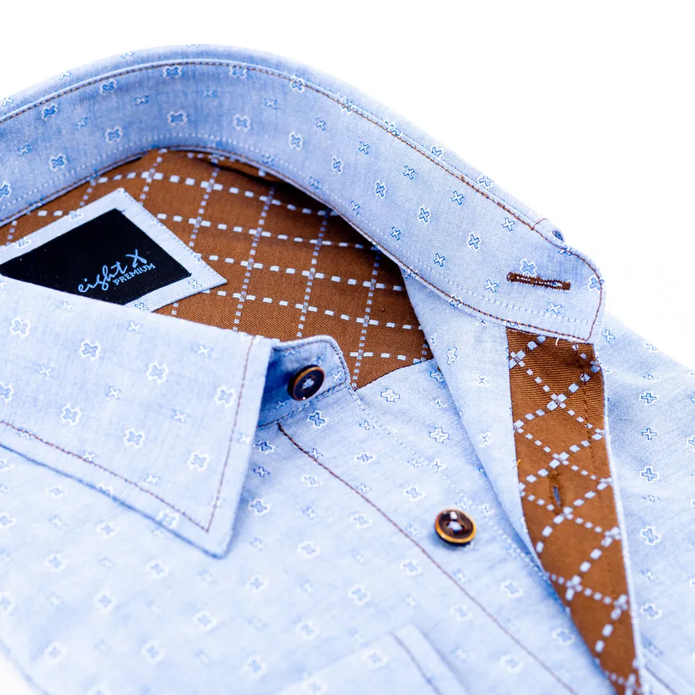 Jacquard Button Down Blue Shirt W/Brown Trim