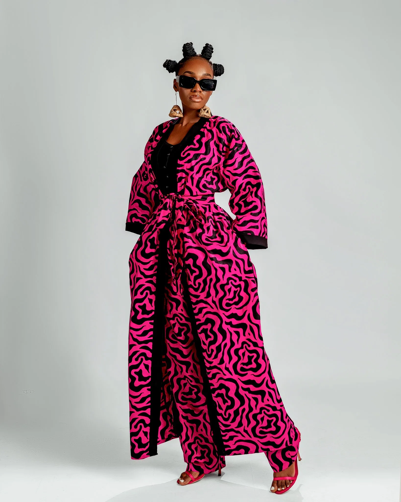 Jolene Long Kimono Jacket | Red and Black Print