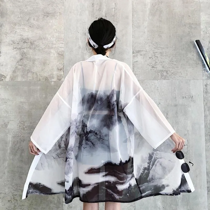 Kimono Cardigan - Black Ink Painting