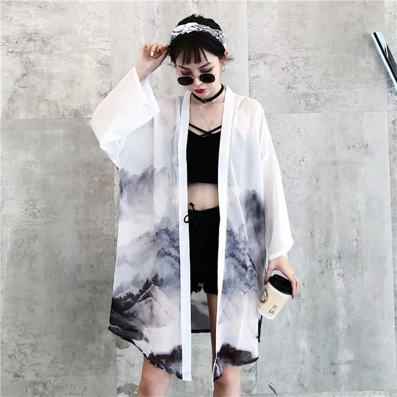 Kimono Cardigan - Black Ink Painting