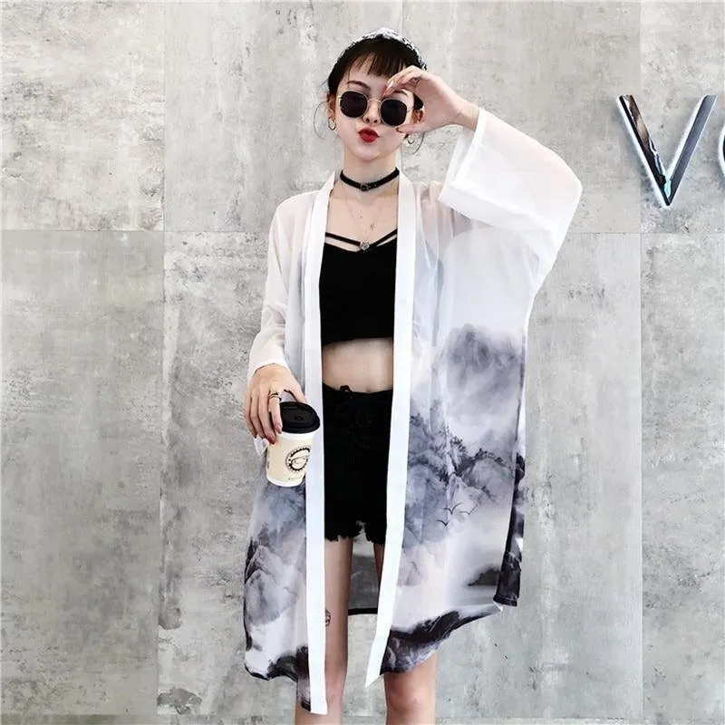 Kimono Cardigan - Black Ink Painting