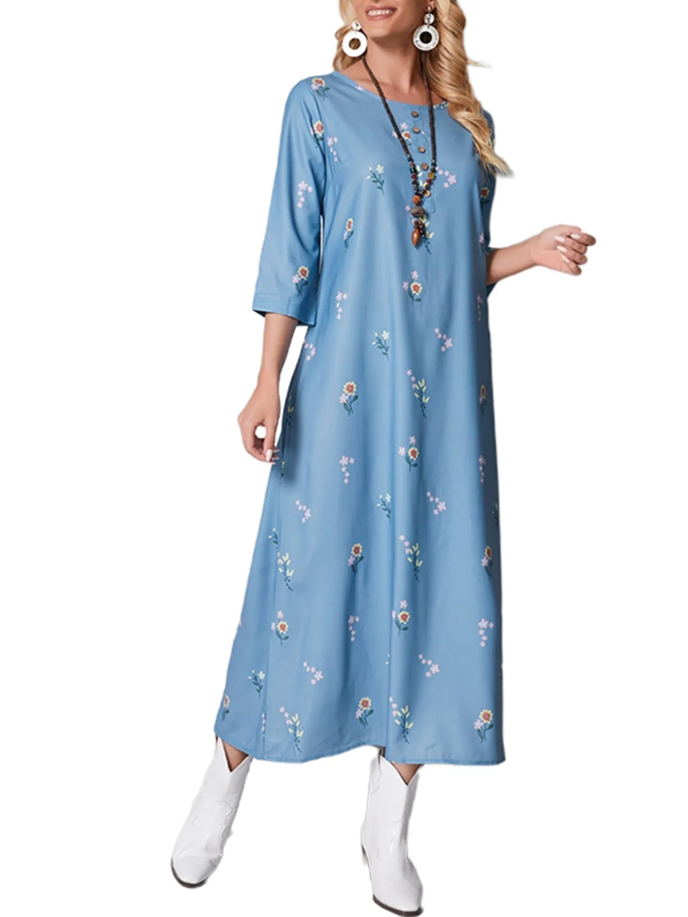 KittenAlarm - Floral Printing Middle Sleeve Dress