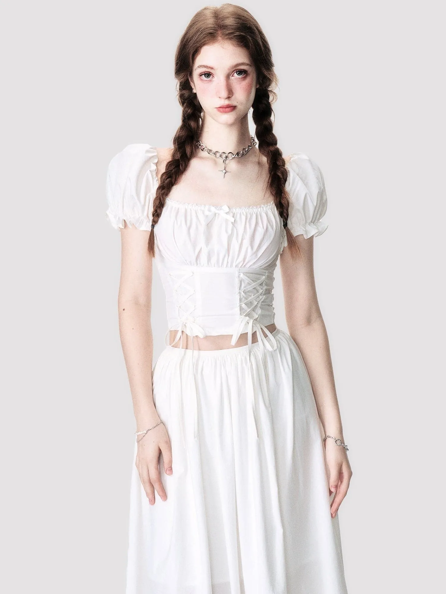 Lace-Up Back-Open Blouse & Long Skirt Set