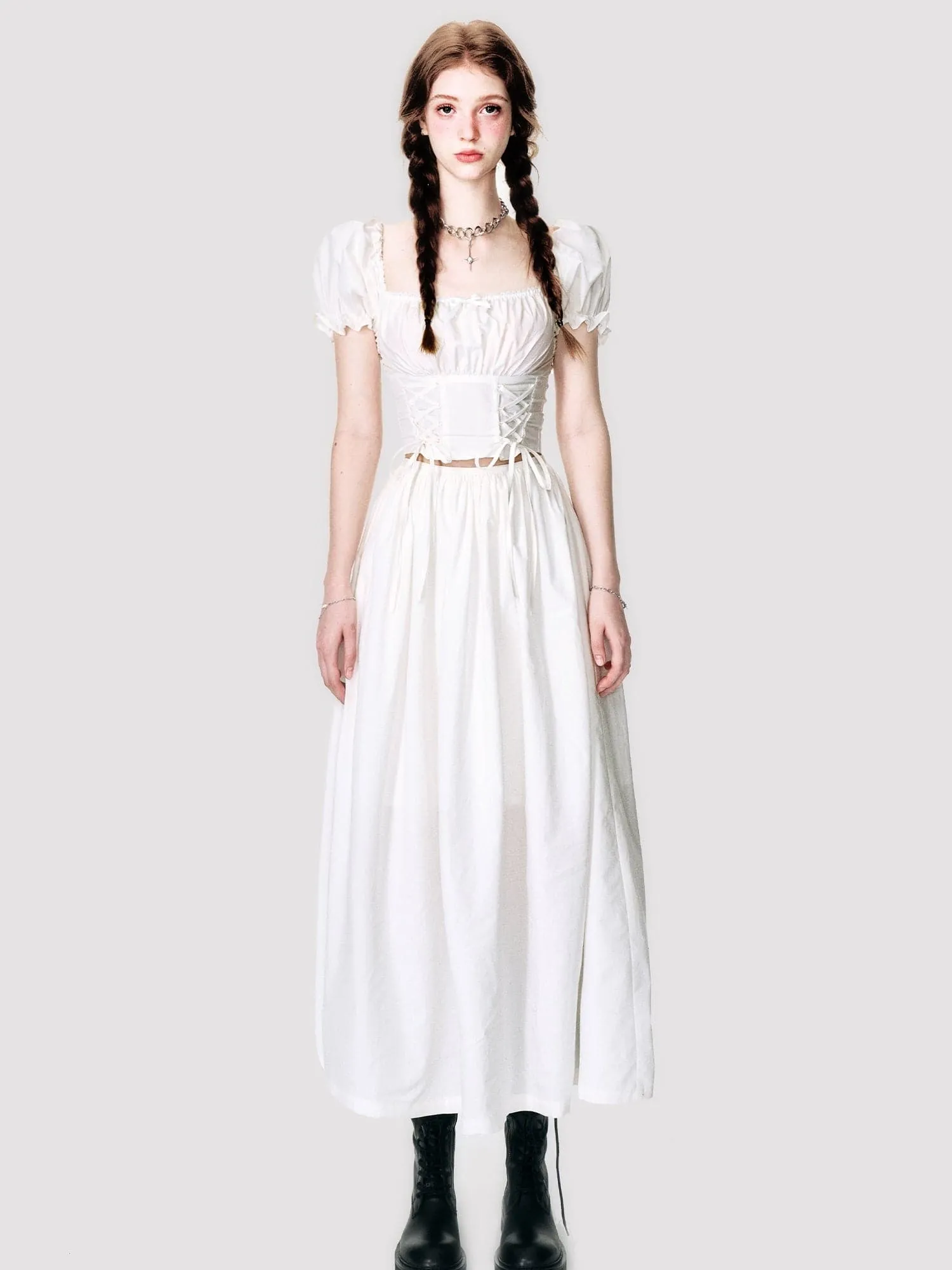Lace-Up Back-Open Blouse & Long Skirt Set