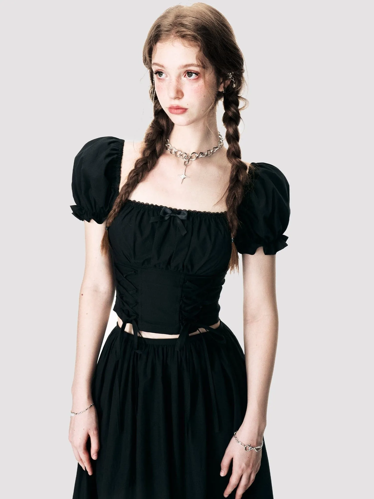 Lace-Up Back-Open Blouse & Long Skirt Set