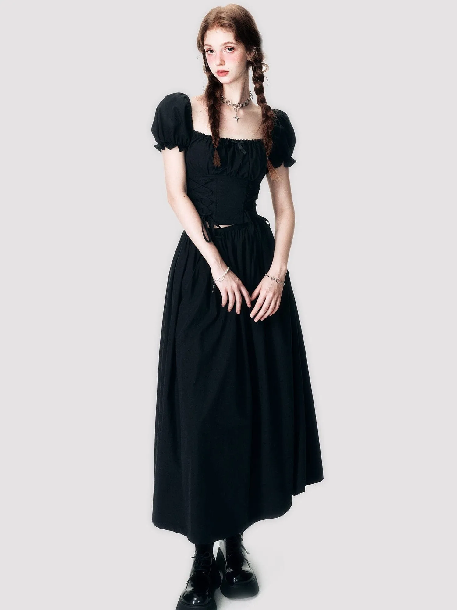 Lace-Up Back-Open Blouse & Long Skirt Set