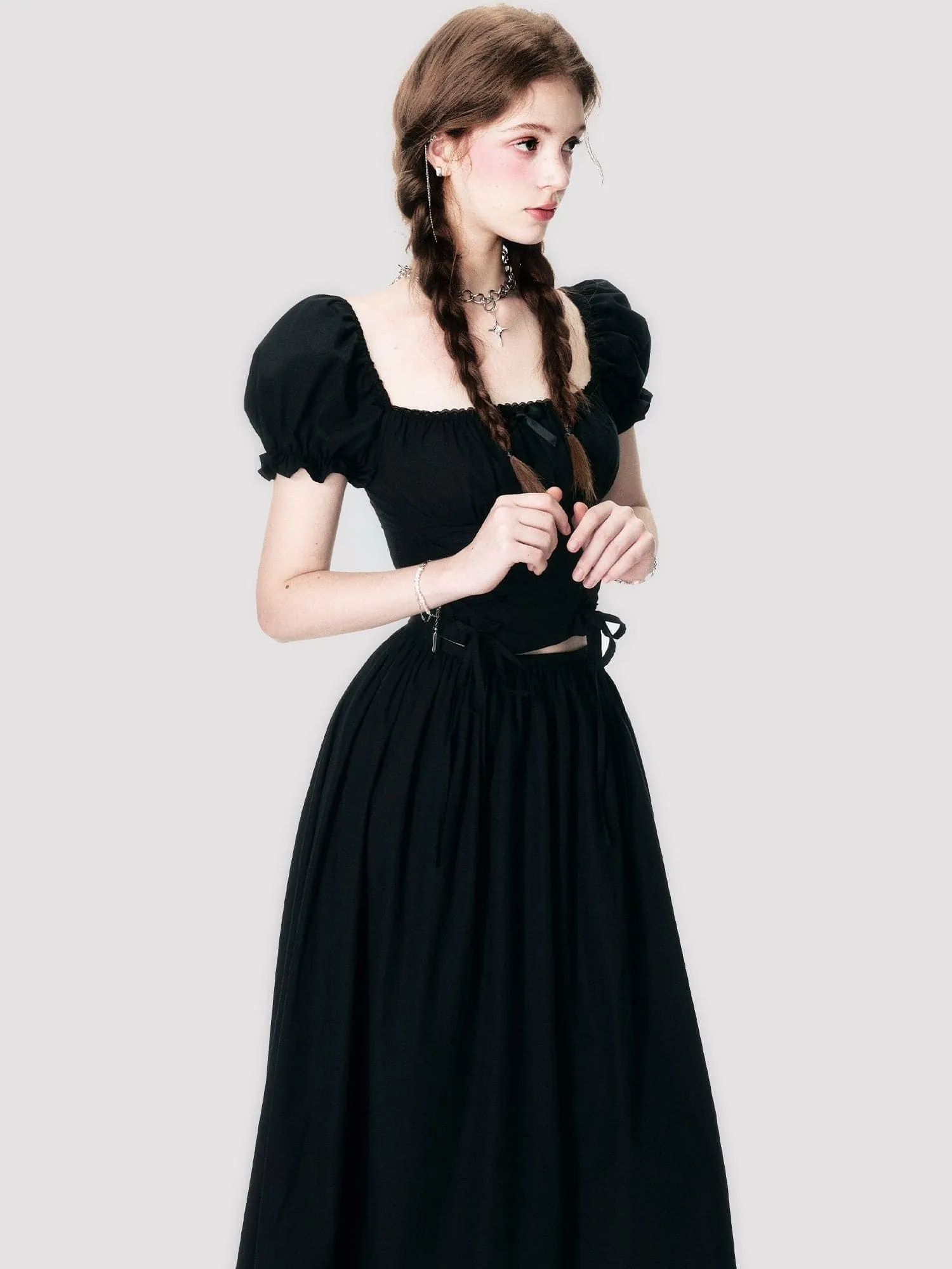 Lace-Up Back-Open Blouse & Long Skirt Set