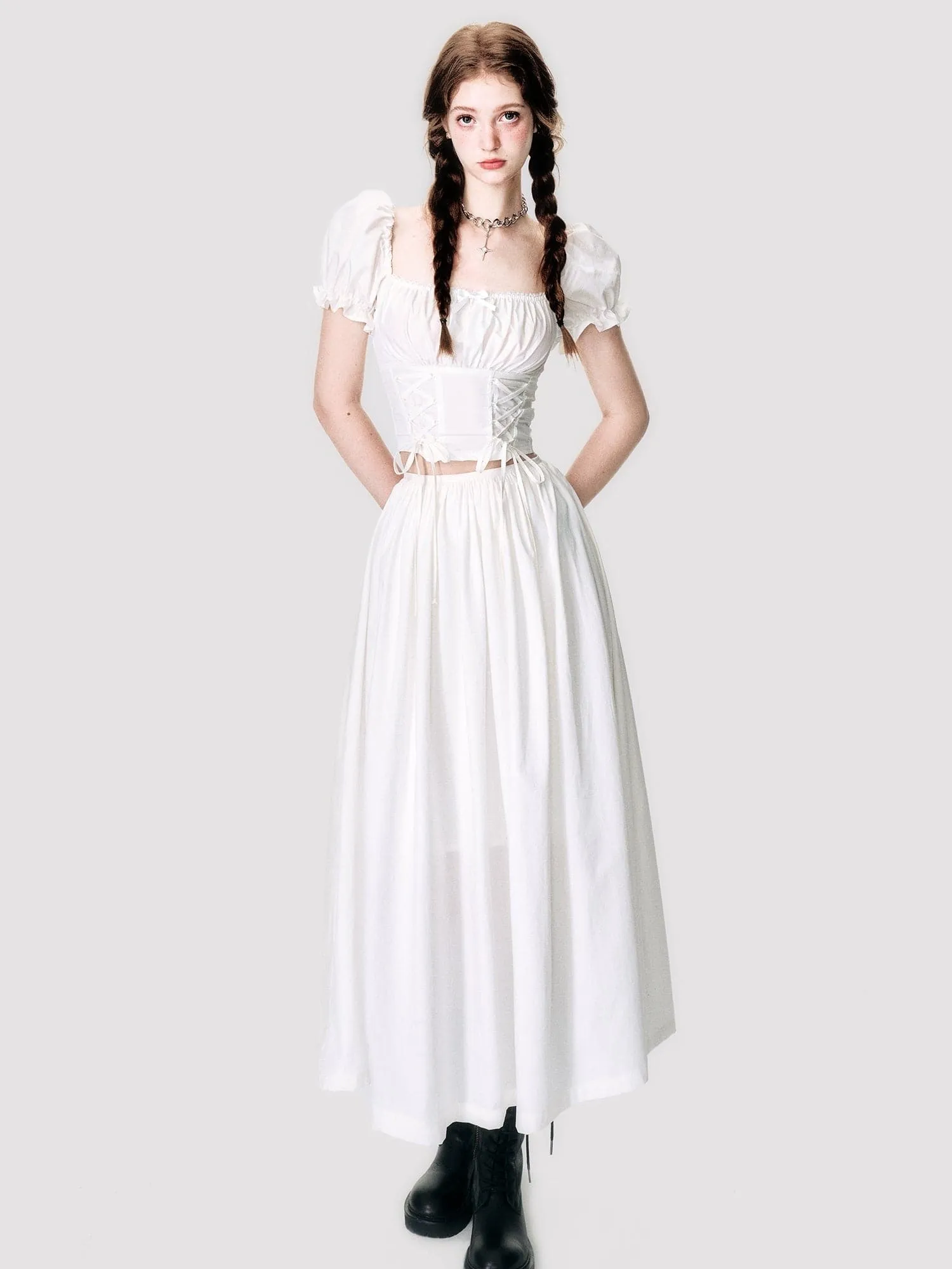 Lace-Up Back-Open Blouse & Long Skirt Set