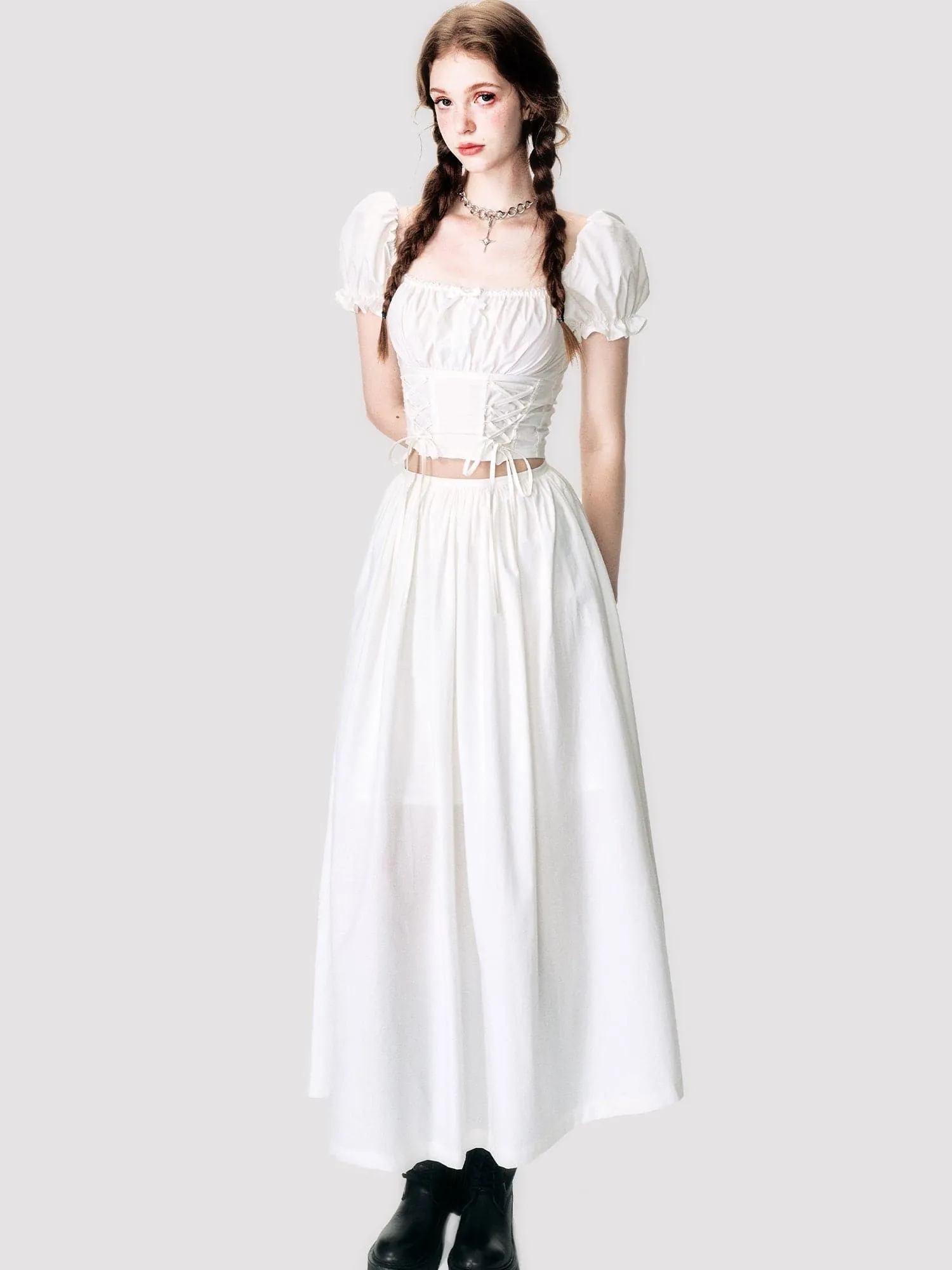 Lace-Up Back-Open Blouse & Long Skirt Set