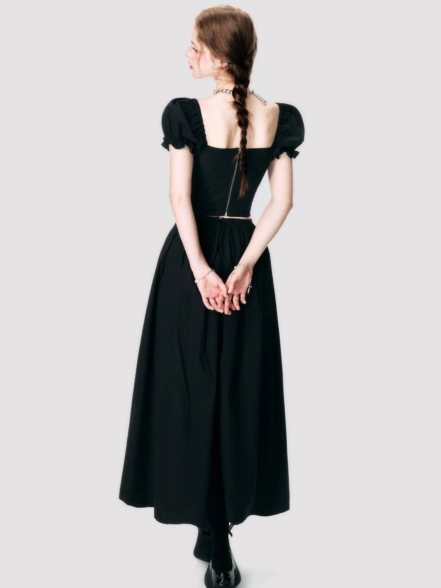 Lace-Up Back-Open Blouse & Long Skirt Set