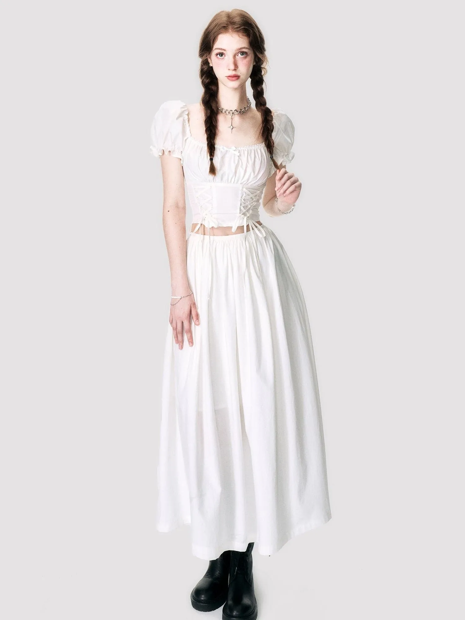 Lace-Up Back-Open Blouse & Long Skirt Set
