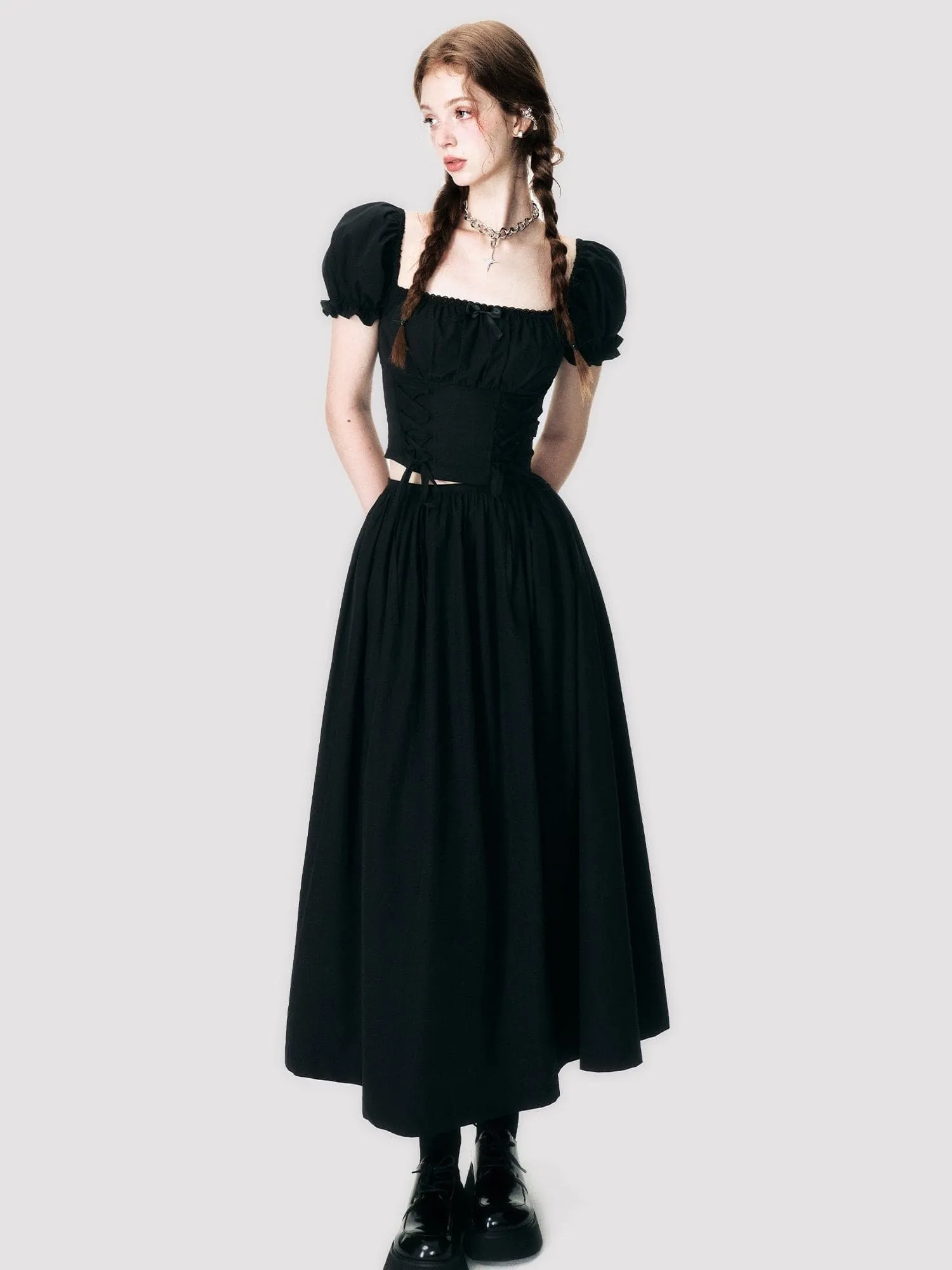Lace-Up Back-Open Blouse & Long Skirt Set