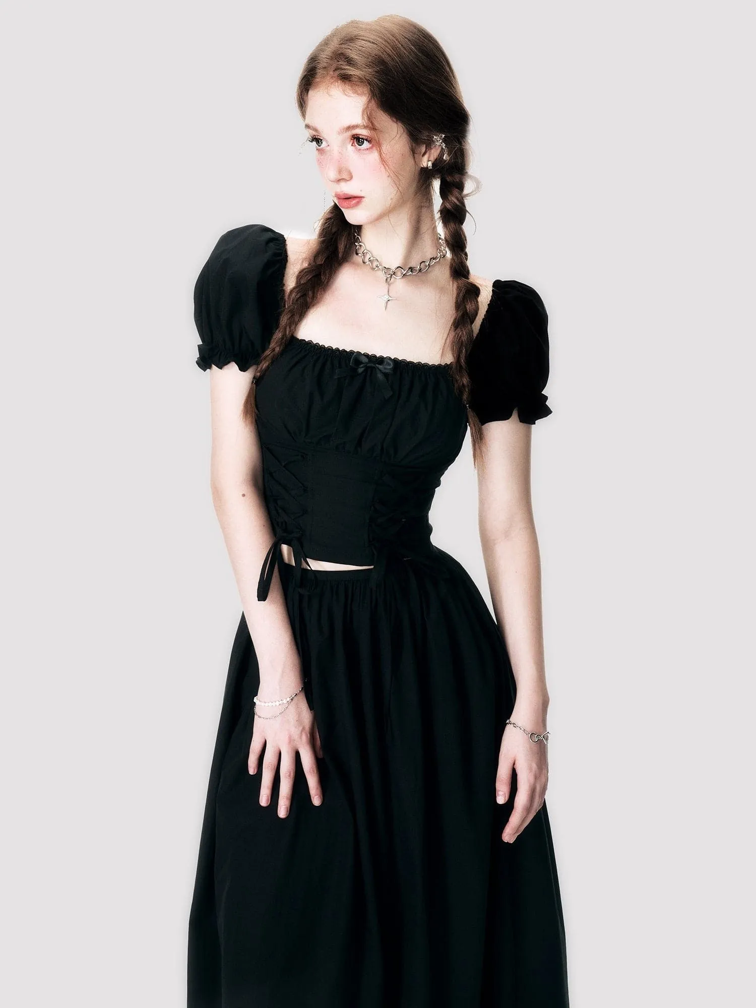 Lace-Up Back-Open Blouse & Long Skirt Set