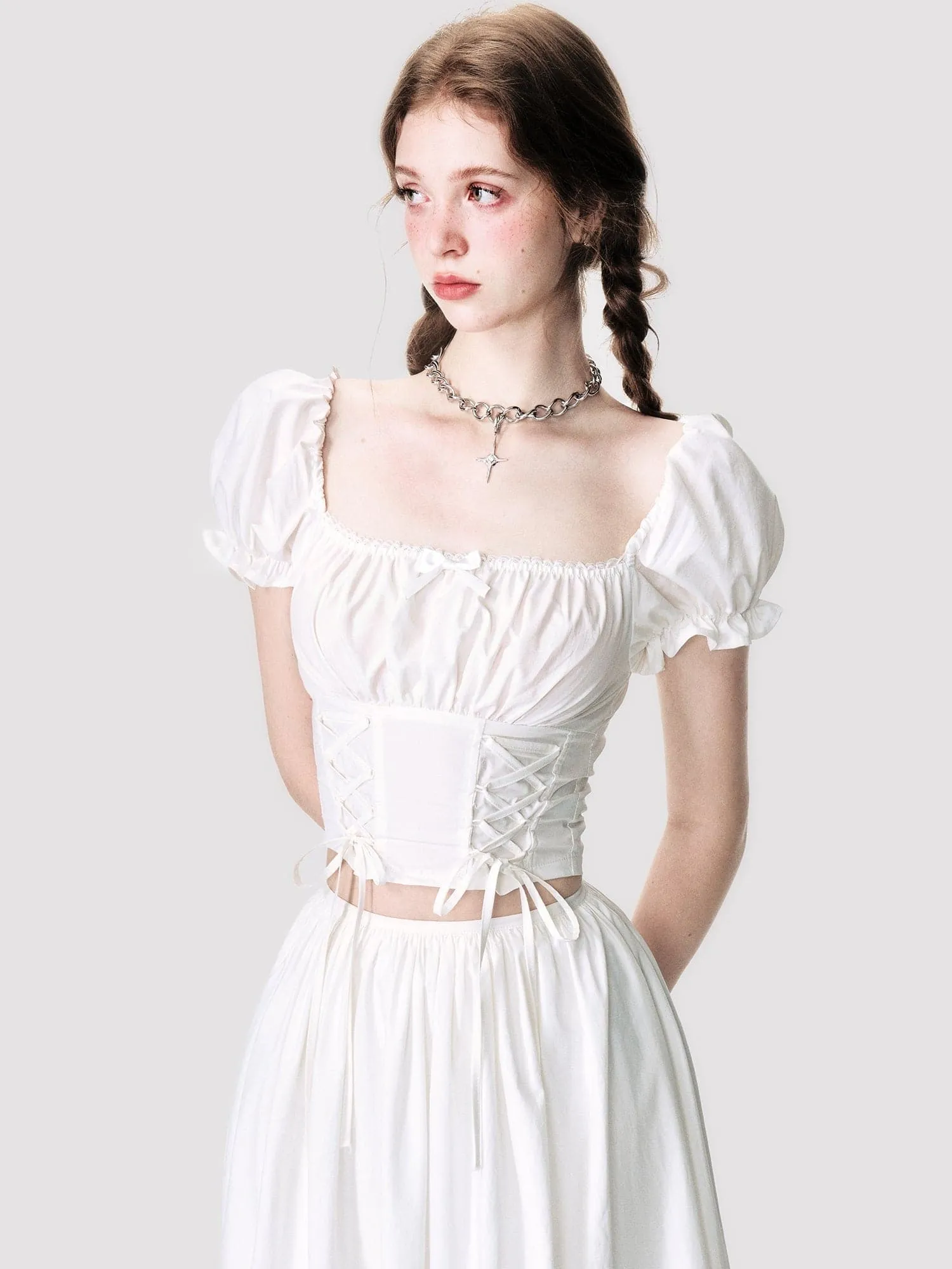 Lace-Up Back-Open Blouse & Long Skirt Set