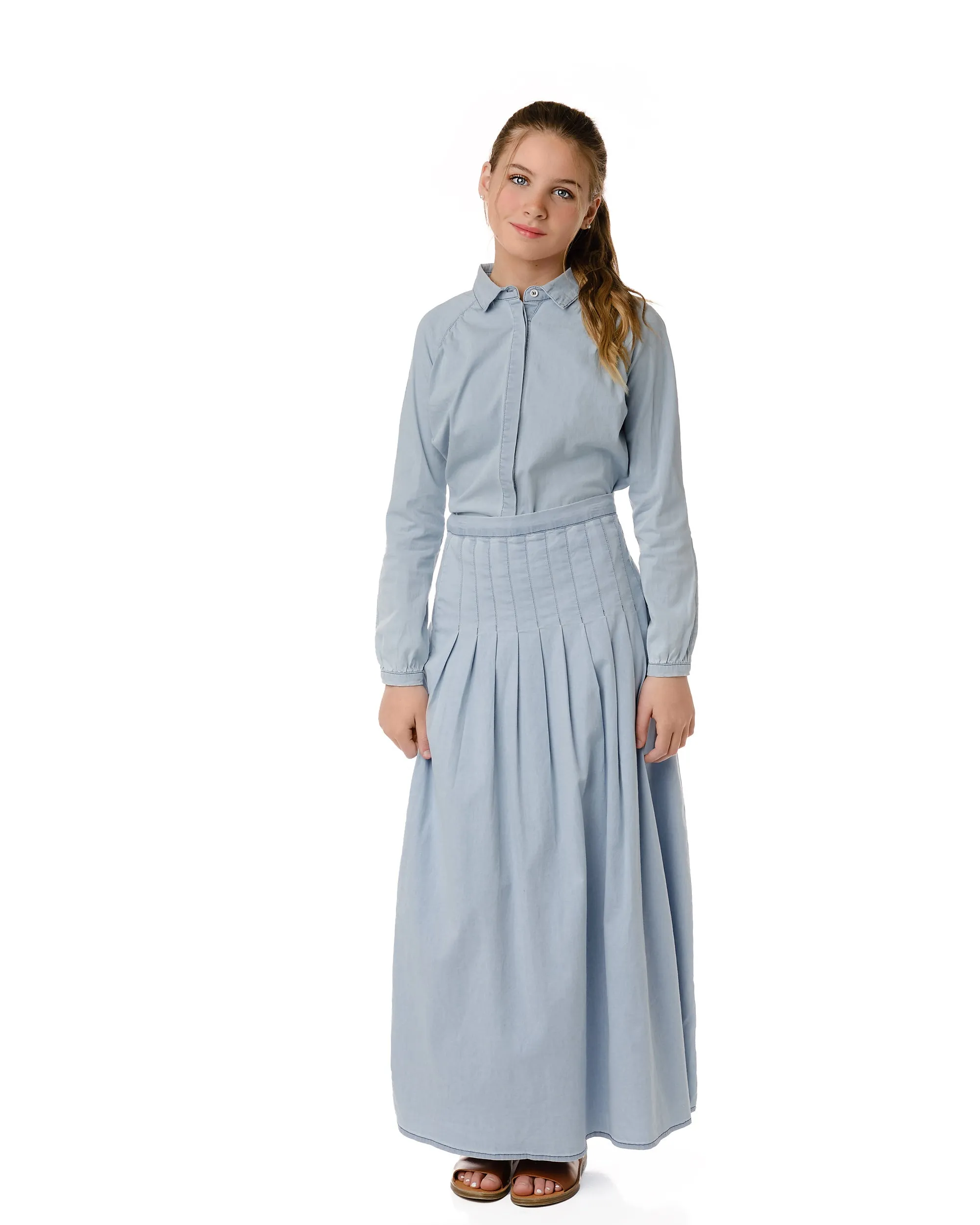 Light Blue Denim Maxi Skirt with Pleated Detail