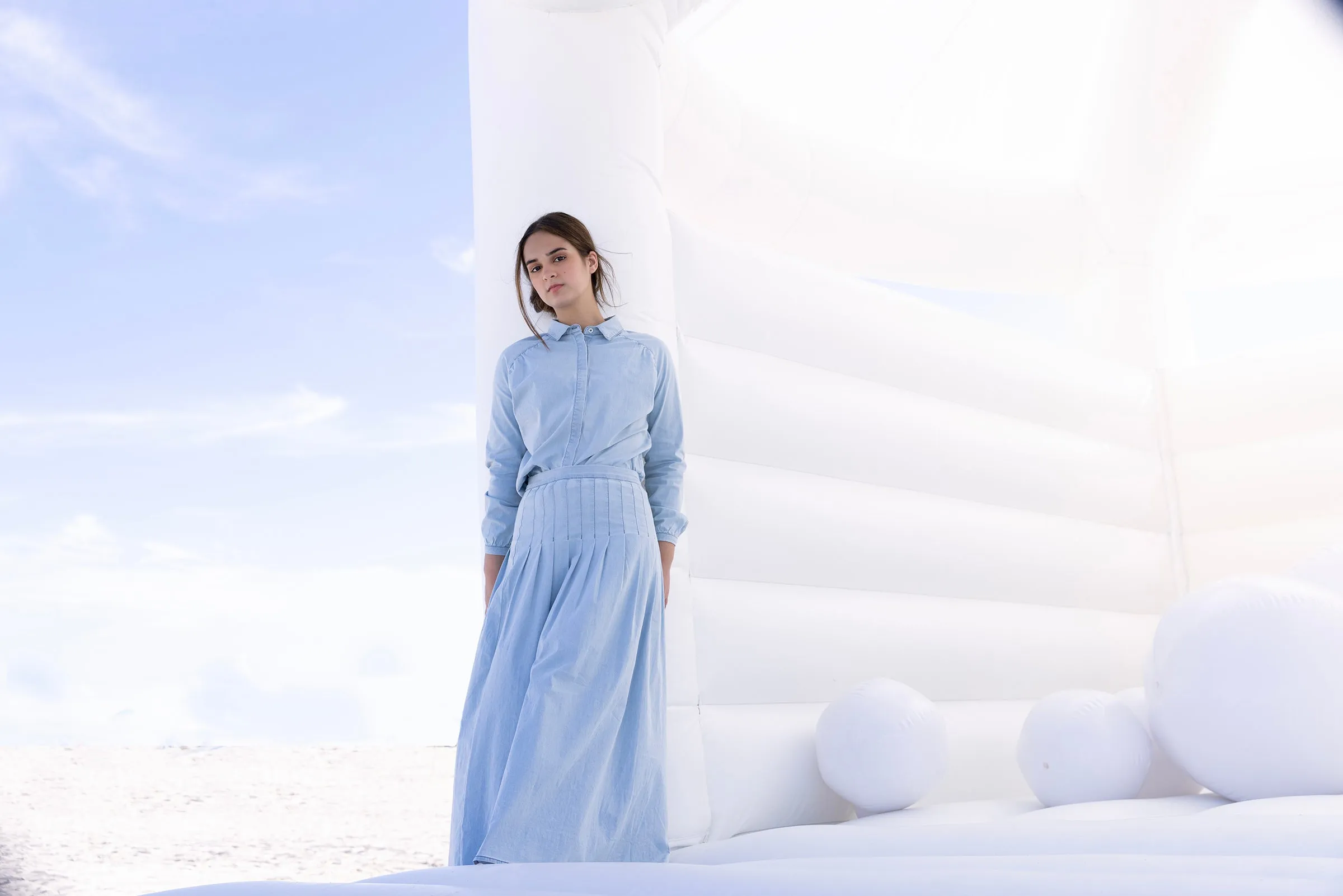 Light Blue Denim Maxi Skirt with Pleated Detail