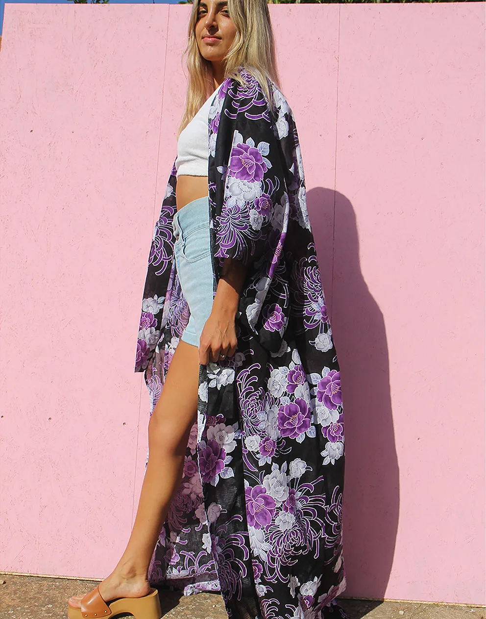 Long Kimono in Black & Purple