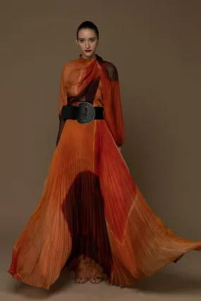 Long-Sleeved A-line Pleated Flared Dress