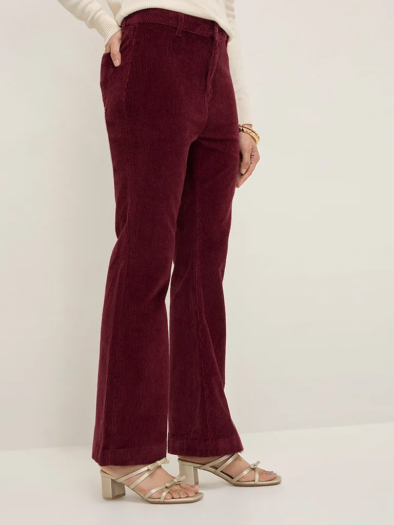 LOV Burgundy Ribbed Corduroy High-Rise Cotton-Blend Pants