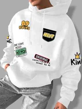 Manfinity Hypemode Men's Letter Print Pocket Hooded Casual Long Sleeve Sweatshirt