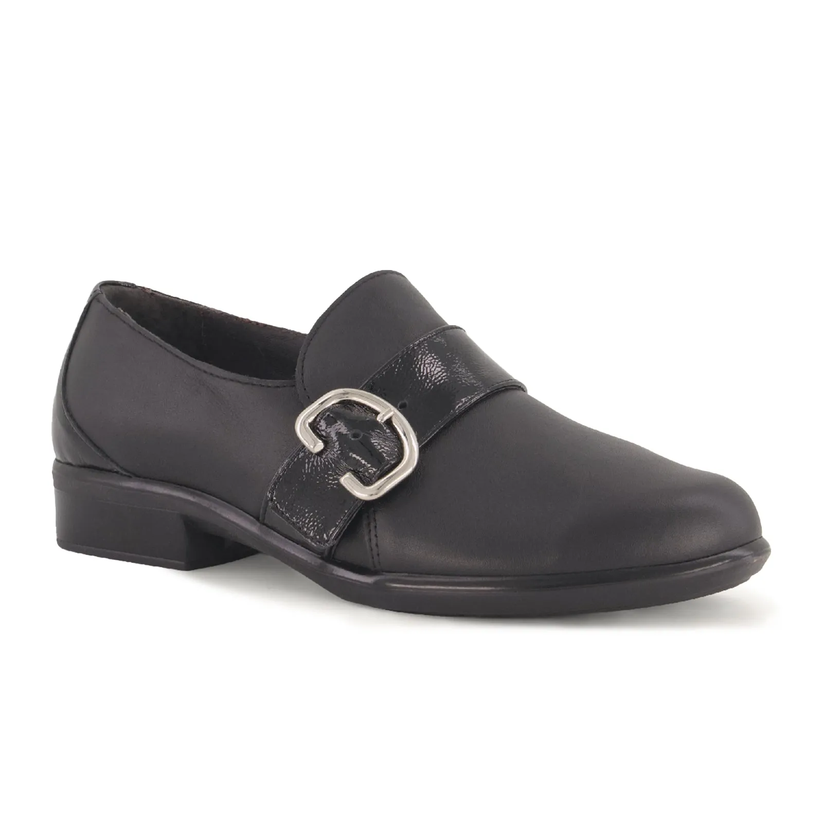 Naot Viscol Slip On (Women) - Jet Black Leather/Black Crinkle Patent Leather