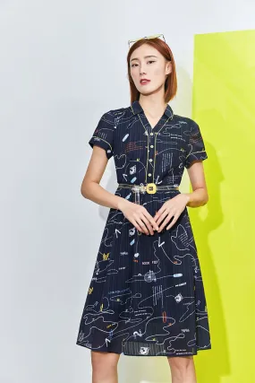 Navy Blue V Neck Waisted Midi Dress