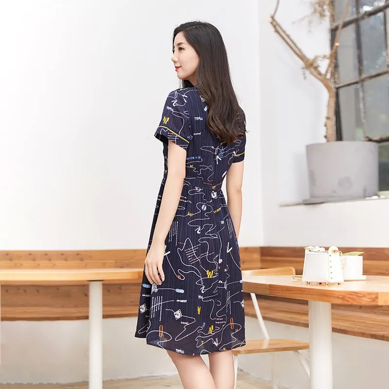 Navy Blue V Neck Waisted Midi Dress