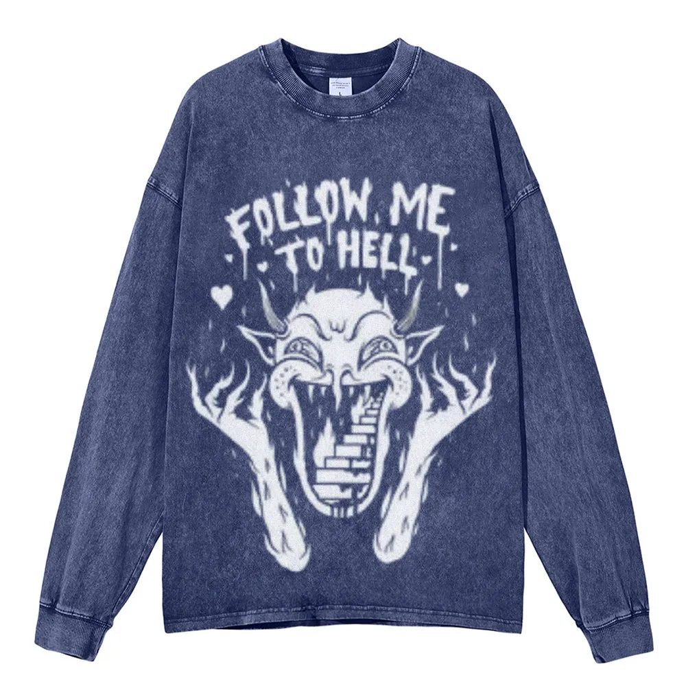 Oversized Vintage Washed FOLLOW ME TO HELL Graphic Sweatshirt