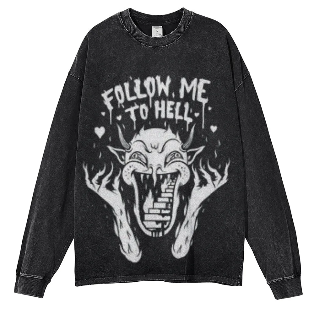 Oversized Vintage Washed FOLLOW ME TO HELL Graphic Sweatshirt