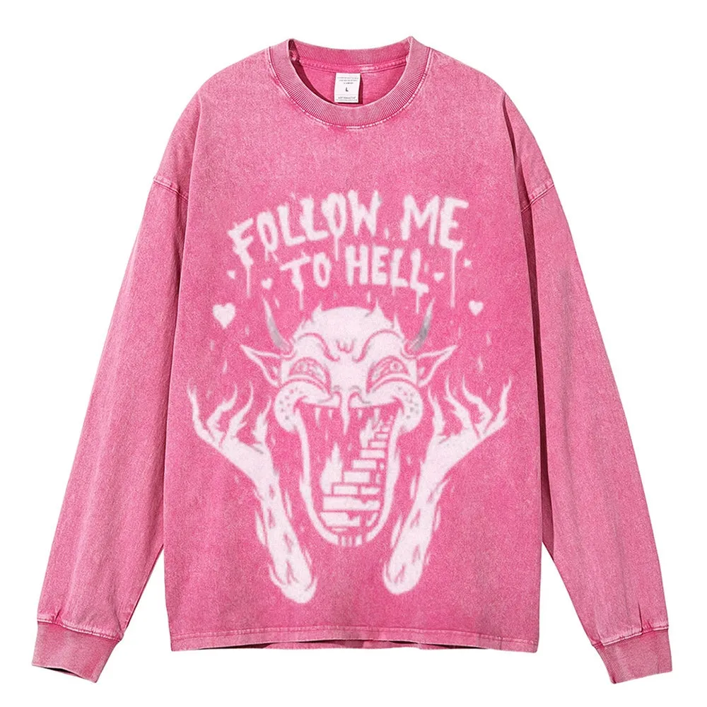 Oversized Vintage Washed FOLLOW ME TO HELL Graphic Sweatshirt