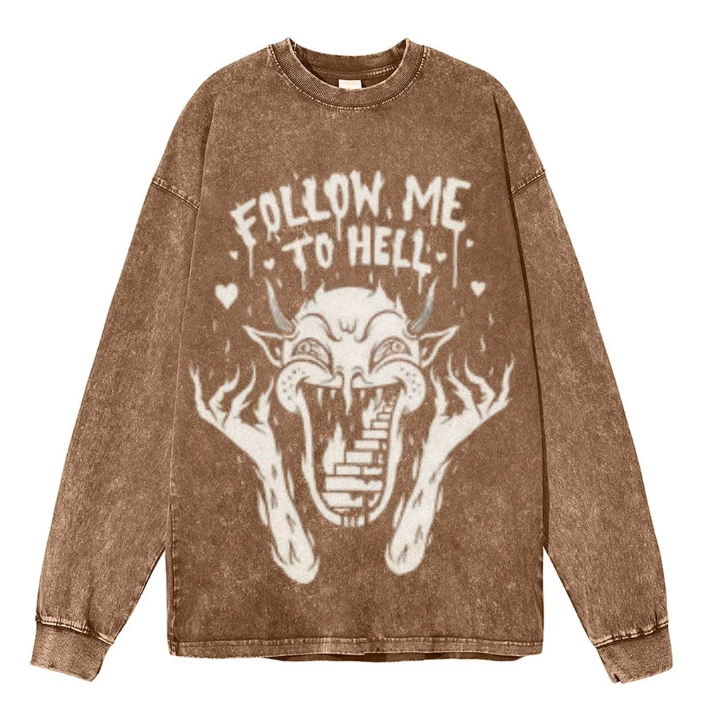 Oversized Vintage Washed FOLLOW ME TO HELL Graphic Sweatshirt