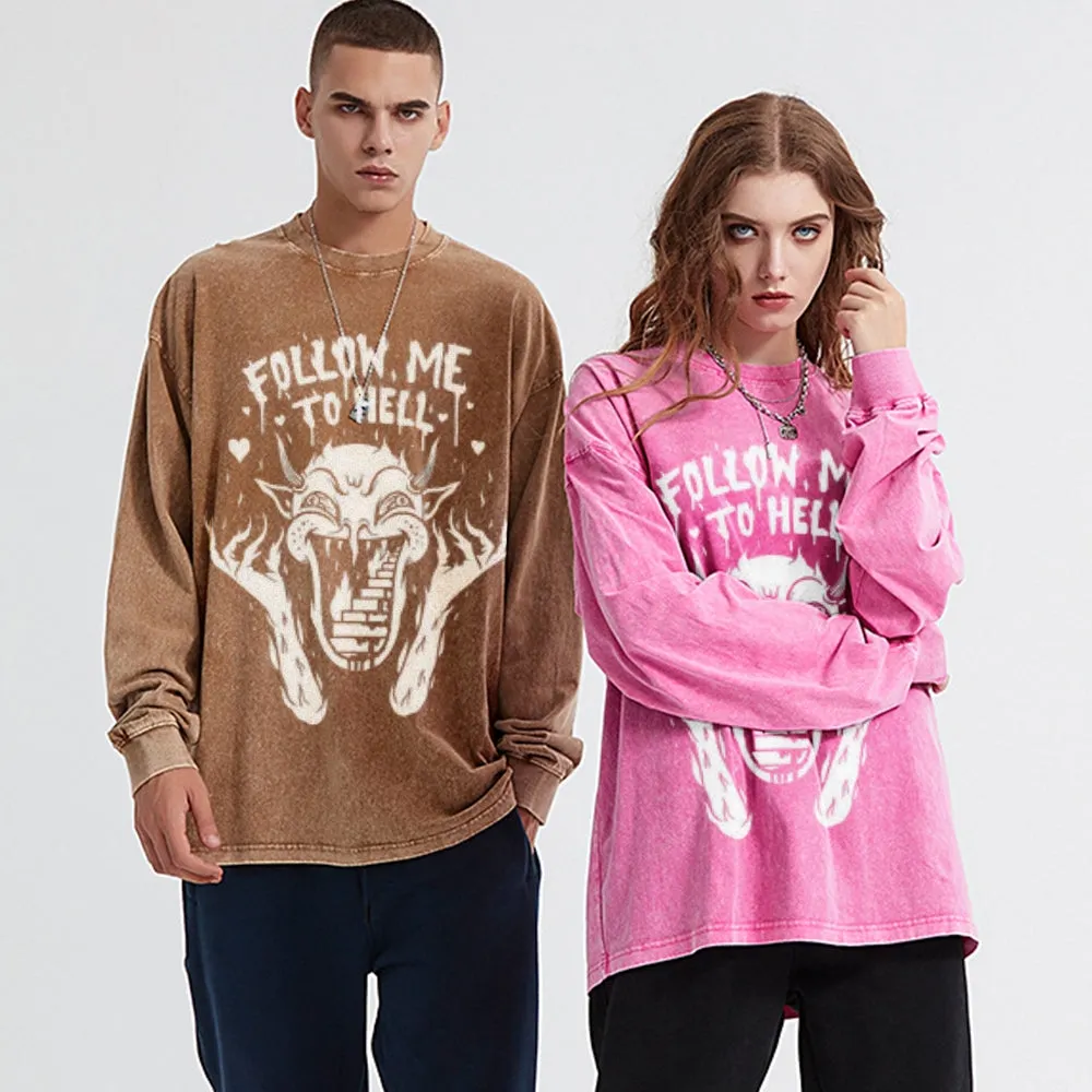 Oversized Vintage Washed FOLLOW ME TO HELL Graphic Sweatshirt