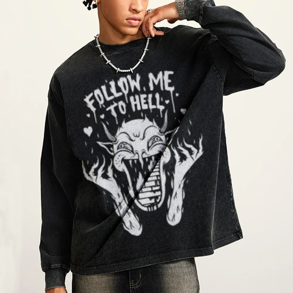 Oversized Vintage Washed FOLLOW ME TO HELL Graphic Sweatshirt