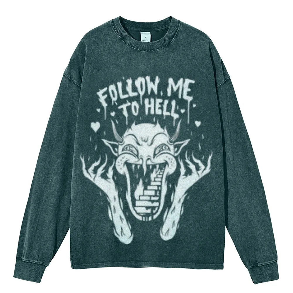Oversized Vintage Washed FOLLOW ME TO HELL Graphic Sweatshirt