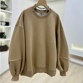Patchwork Chain Solid Loose Sweatshirts For Women O Neck Puff Sleeve Pullover Casual Sweatshirt Female Fahion