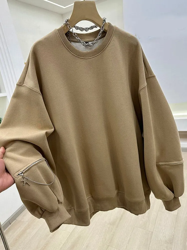 Patchwork Chain Solid Loose Sweatshirts For Women O Neck Puff Sleeve Pullover Casual Sweatshirt Female Fahion