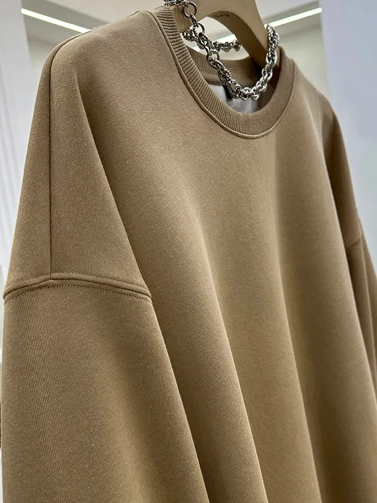 Patchwork Chain Solid Loose Sweatshirts For Women O Neck Puff Sleeve Pullover Casual Sweatshirt Female Fahion