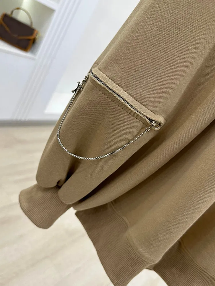 Patchwork Chain Solid Loose Sweatshirts For Women O Neck Puff Sleeve Pullover Casual Sweatshirt Female Fahion