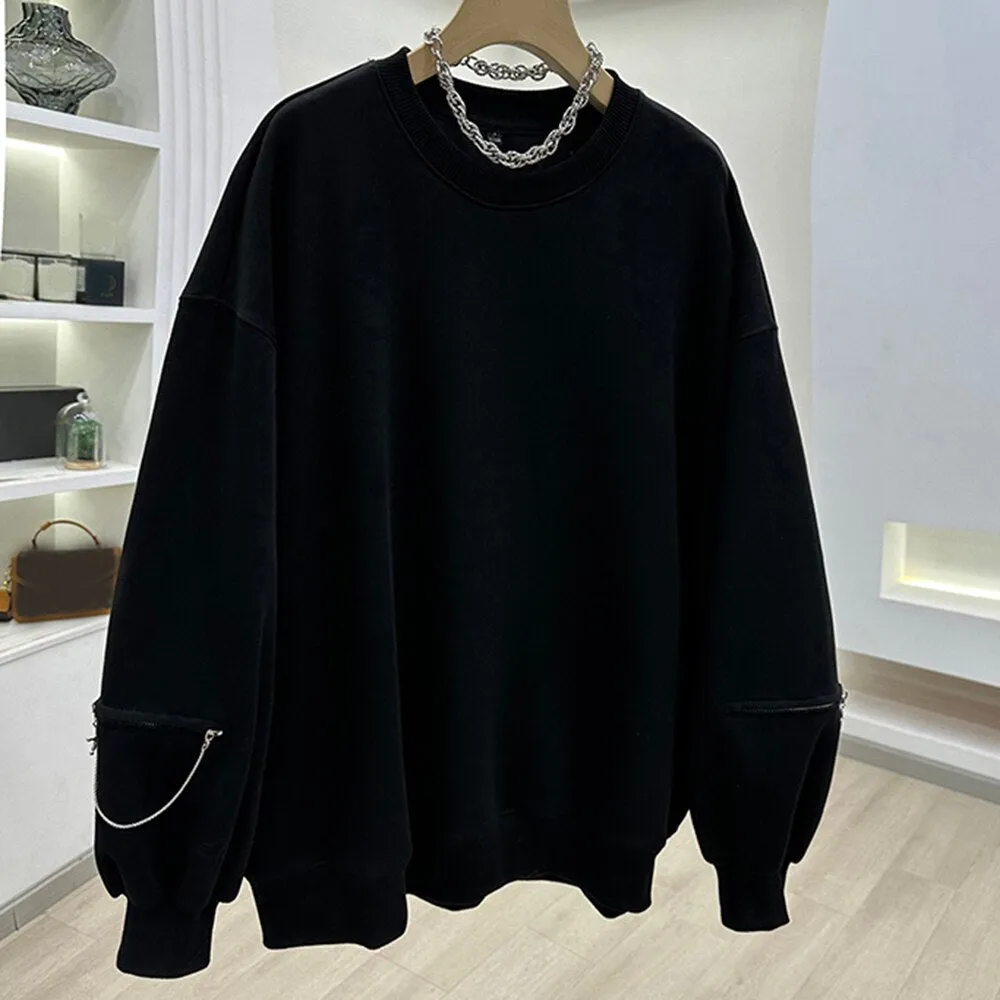 Patchwork Chain Solid Loose Sweatshirts For Women O Neck Puff Sleeve Pullover Casual Sweatshirt Female Fahion