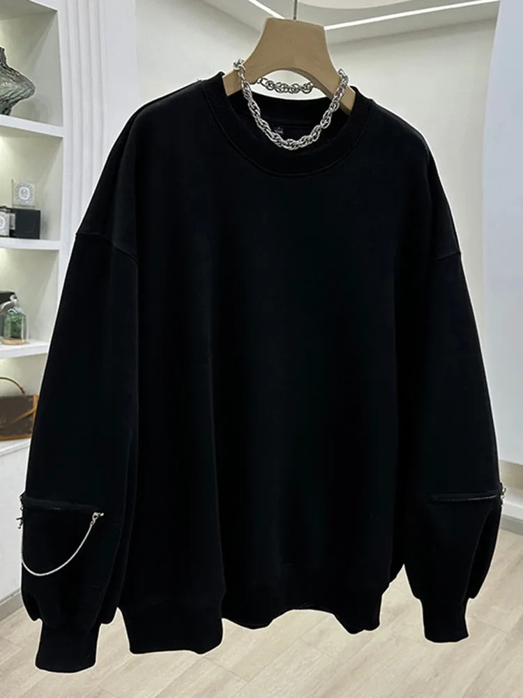 Patchwork Chain Solid Loose Sweatshirts For Women O Neck Puff Sleeve Pullover Casual Sweatshirt Female Fahion